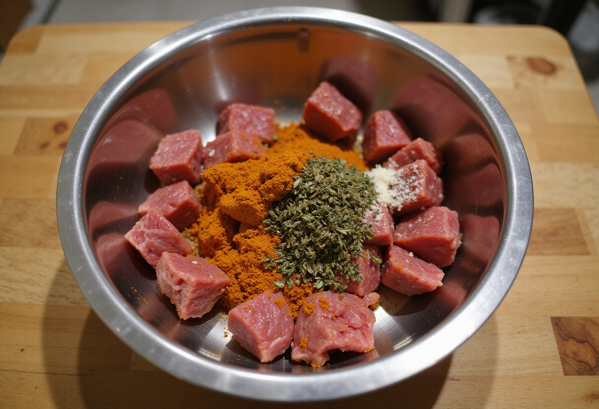 Seasoning ground beef for Jamaican Beef Patties with curry powder and spices.