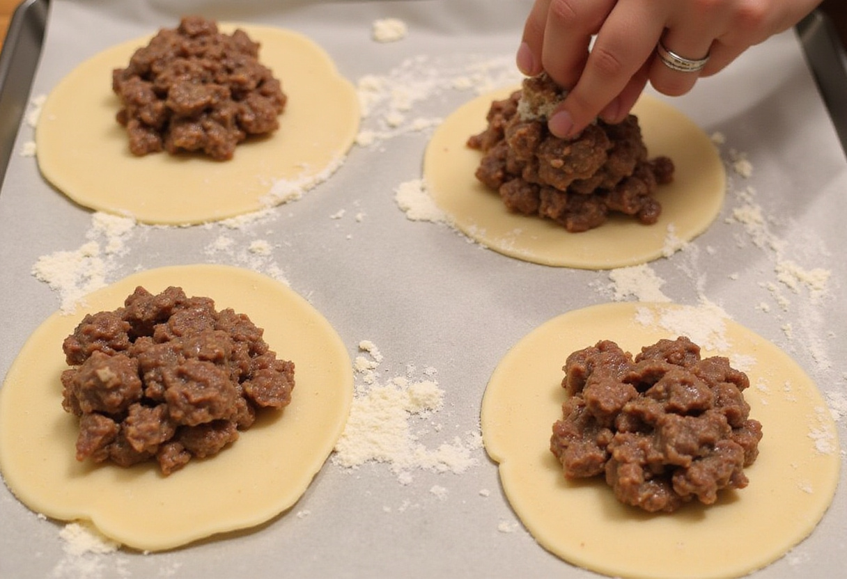 Filling Jamaican Beef Patties with seasoned ground beef on a floured surface.
