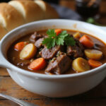 Delicious beef stew with vegetables and crusty bread, made with perfect beef broth.