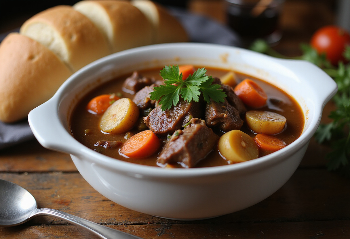 Delicious beef stew with vegetables and crusty bread, made with perfect beef broth.