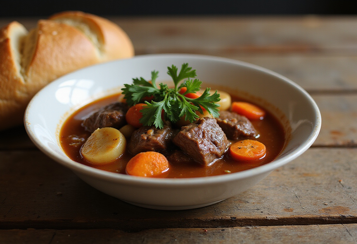 Delicious beef stew with vegetables and crusty bread, made with perfect beef broth.