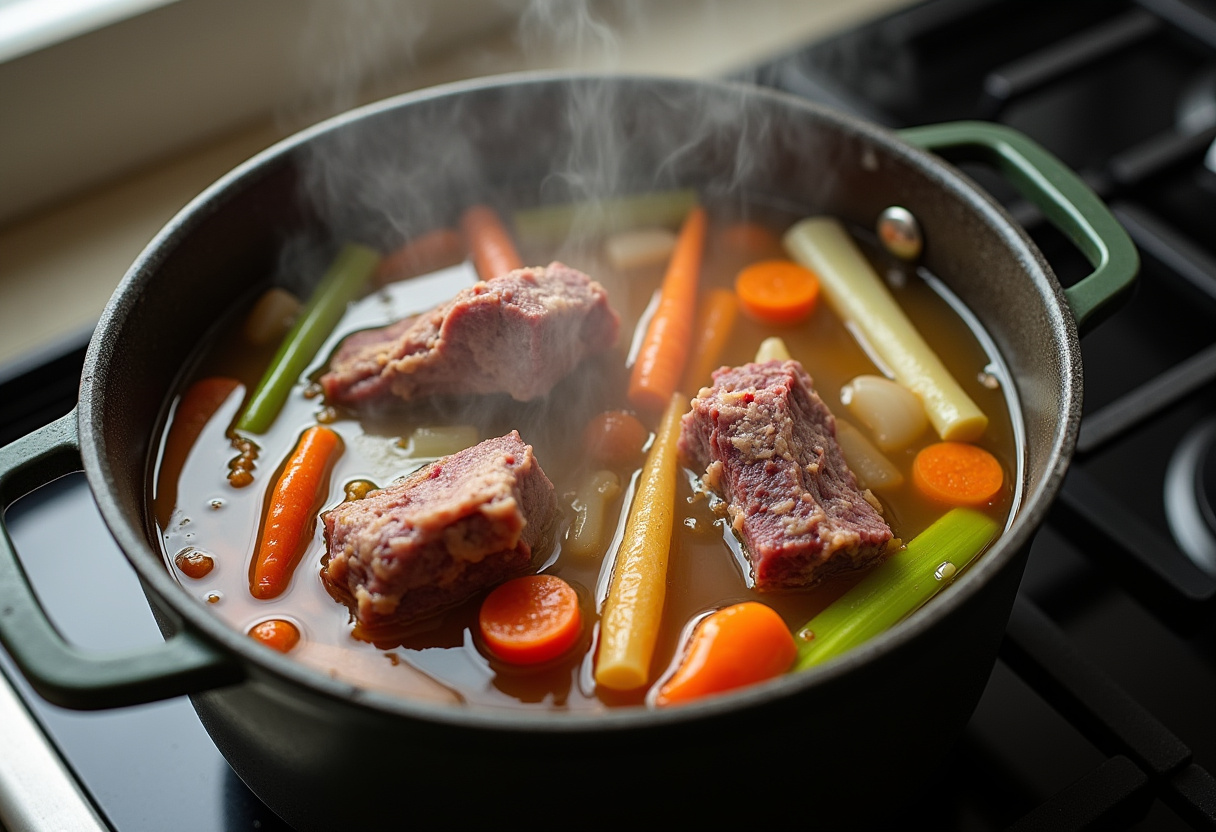 Beef bones and vegetables simmering in a stockpot for homemade beef broth.