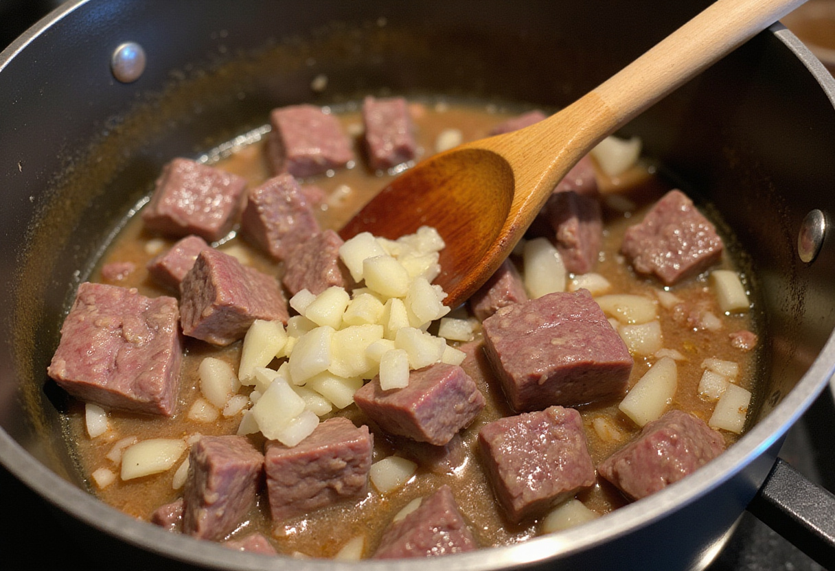 Browning beef chunks with onions and garlic to enhance flavor for beef broth.