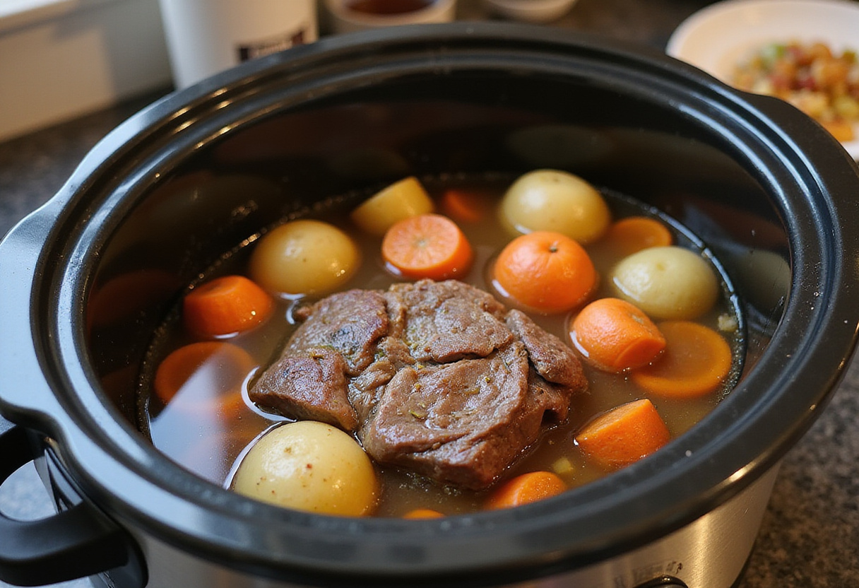 Beef chuck, potatoes, and carrots cooking in beef broth in a slow cooker.