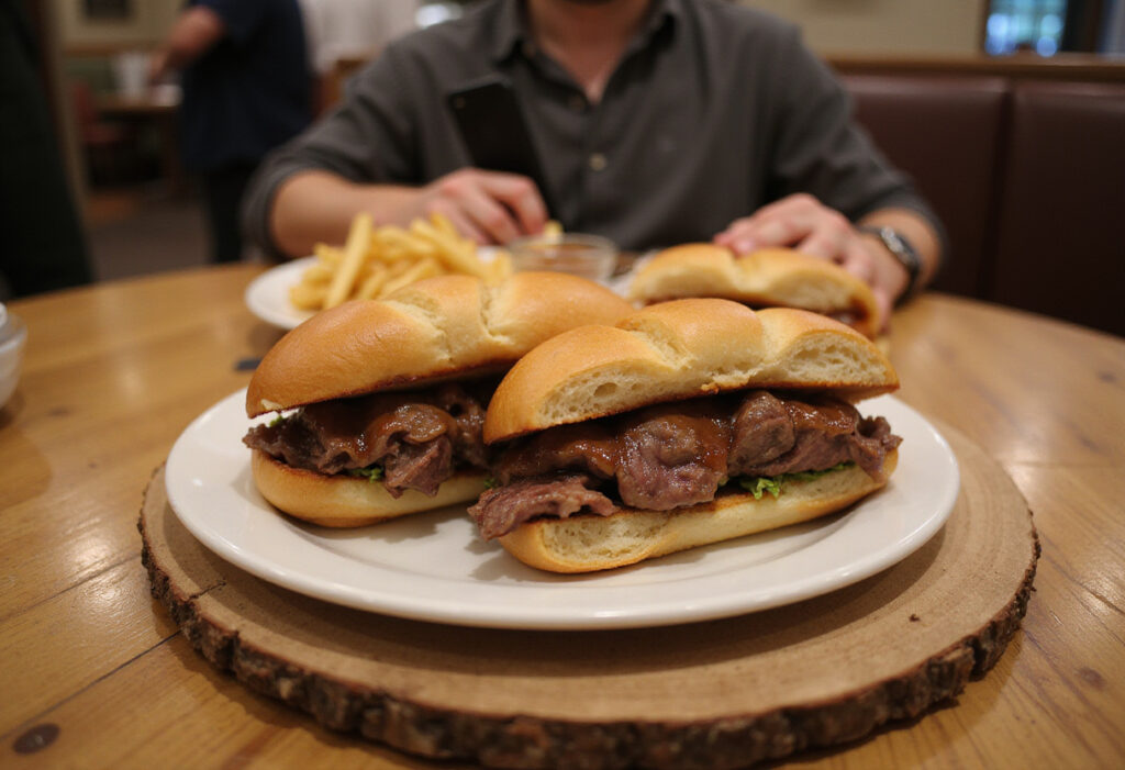 Delicious shaved beef steak sandwich with fries.