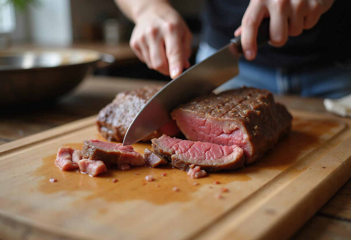 Slicing beef steak thinly for perfect shaved beef steak recipe.