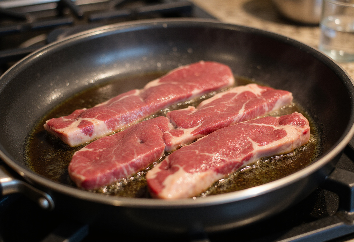 Searing shaved beef steak in a skillet on the stove.