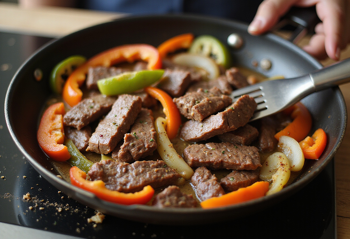 Adding bell peppers and onions to shaved beef steak.