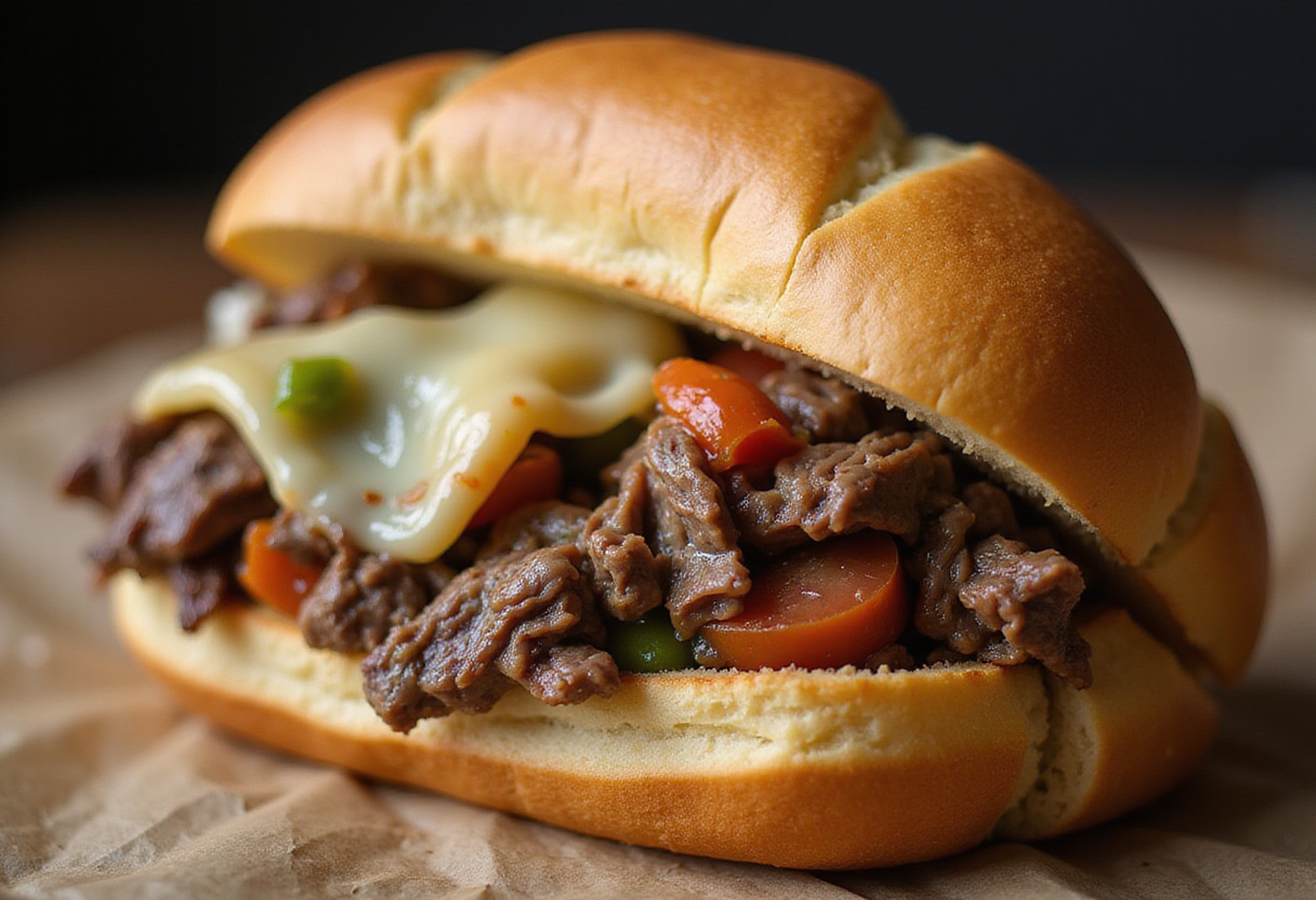 Stuffing a hoagie roll with shaved beef steak and vegetables.