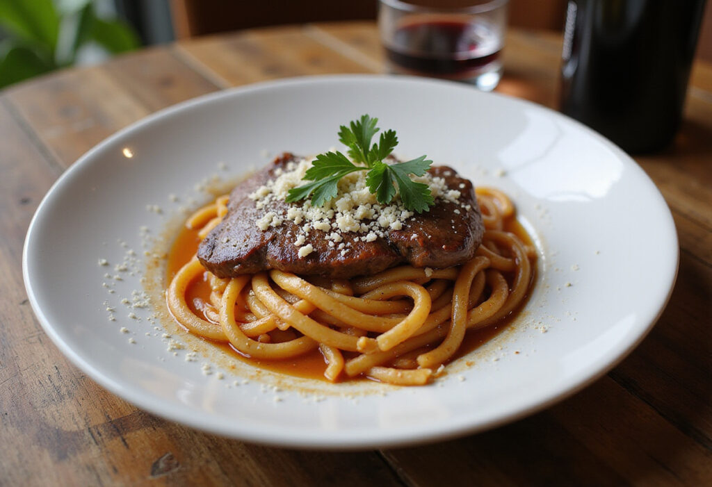 Perfectly cooked steak pasta with parsley and parmesan cheese, ready to eat.