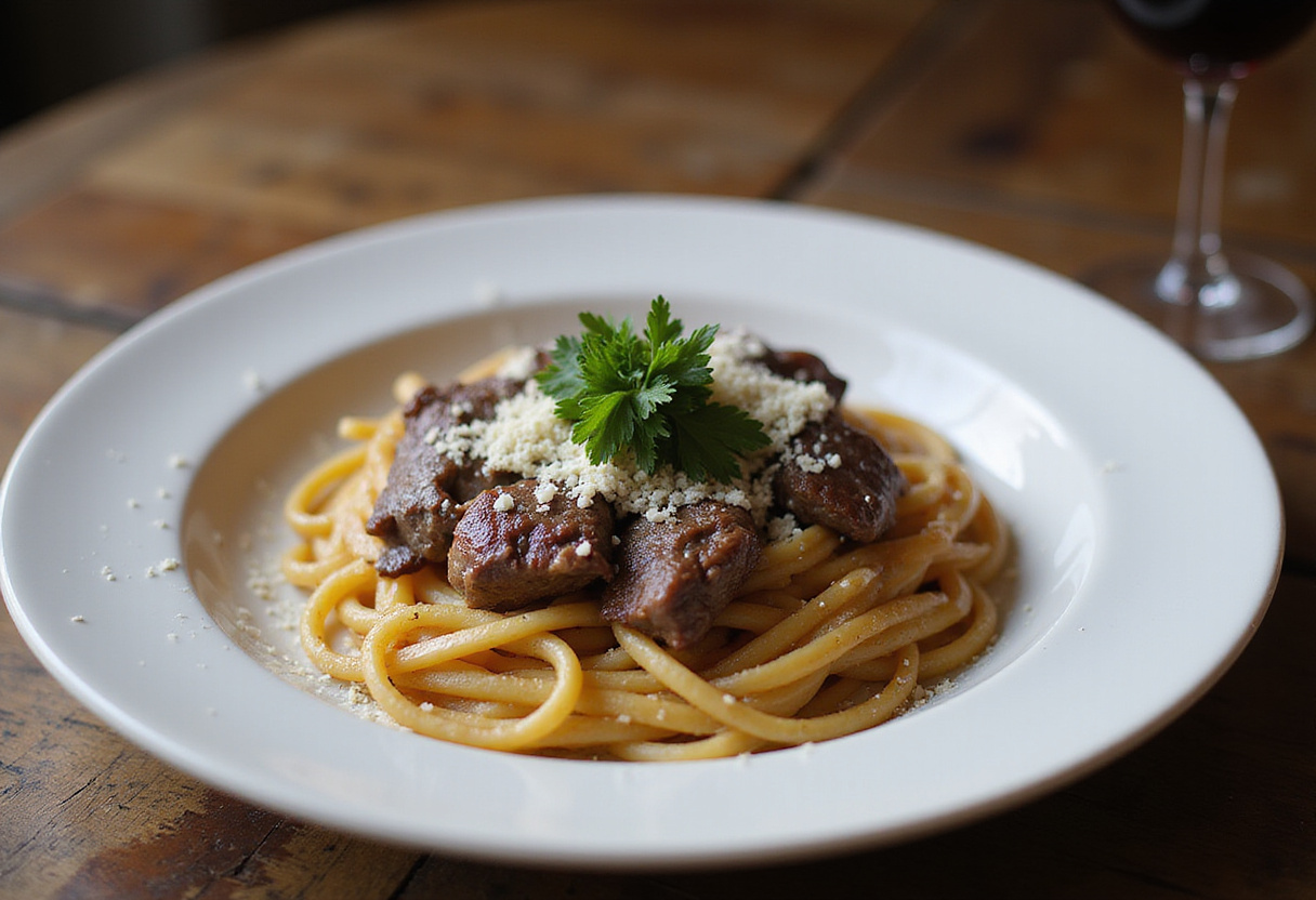 Perfectly cooked steak pasta with parsley and parmesan cheese, ready to eat.