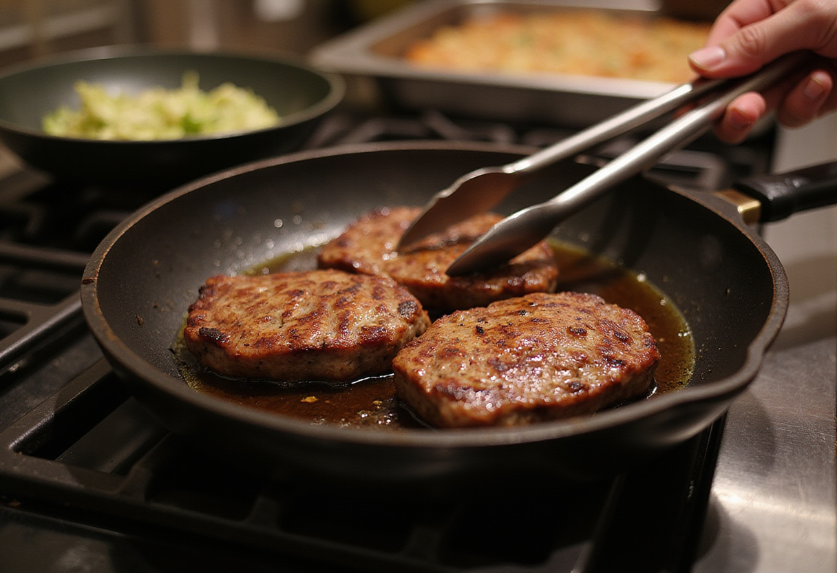 Searing steak in a skillet for steak pasta recipe.