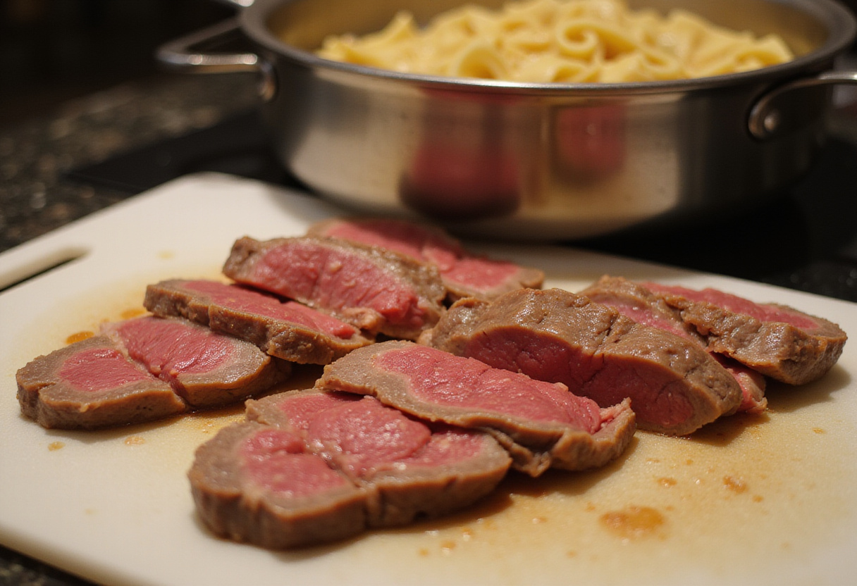 Sliced steak with pasta cooking in the background for steak pasta.