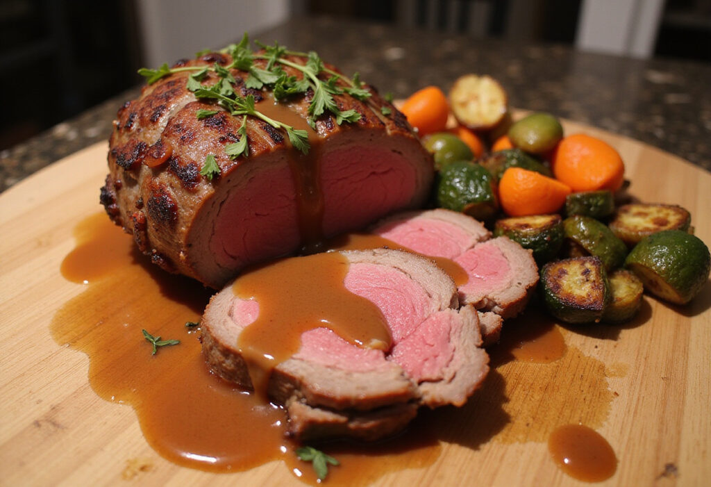 Perfectly cooked top round roast sliced and served with gravy and roasted vegetables.