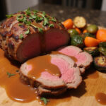Perfectly cooked top round roast sliced and served with gravy and roasted vegetables.