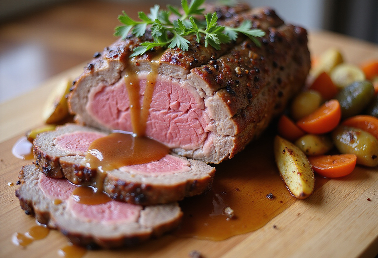Perfectly cooked top round roast sliced and served with gravy and roasted vegetables.