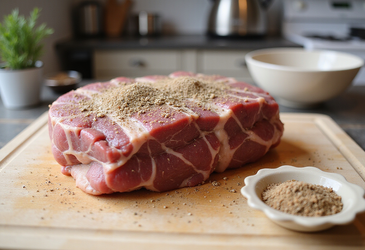 Top round roast seasoned with spices, ready to be cooked for the perfect roast beef recipe.