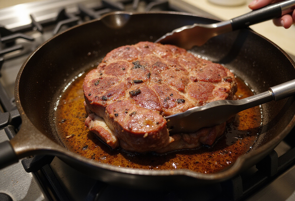 Top round roast searing in a cast iron skillet for a delicious roast beef dinner.