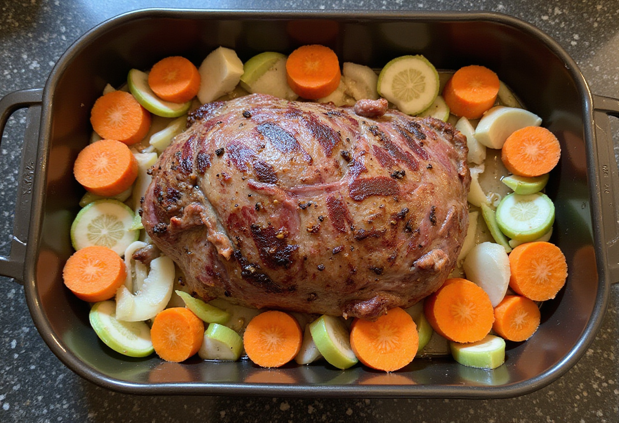 Top round roast prepared with vegetables in a roasting pan for the perfect roast recipe.