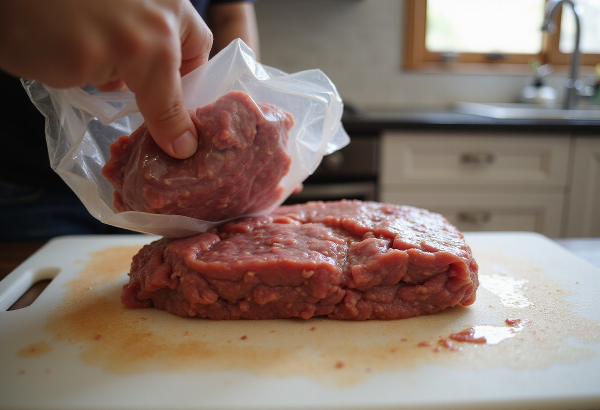 Preparing ground beef for a juicy 3-ingredient recipe.