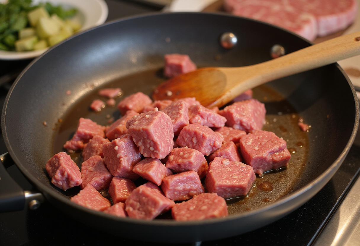 Crumbling ground beef in a skillet for a simple recipe.