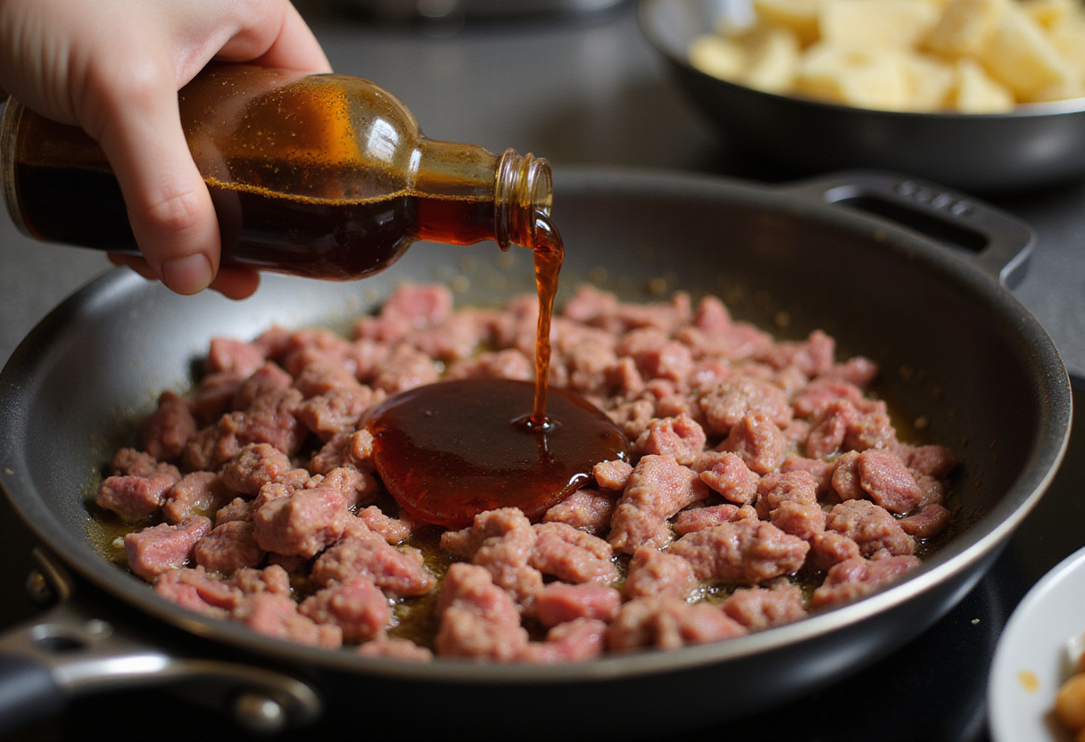 Adding Worcestershire sauce to ground beef for flavor.