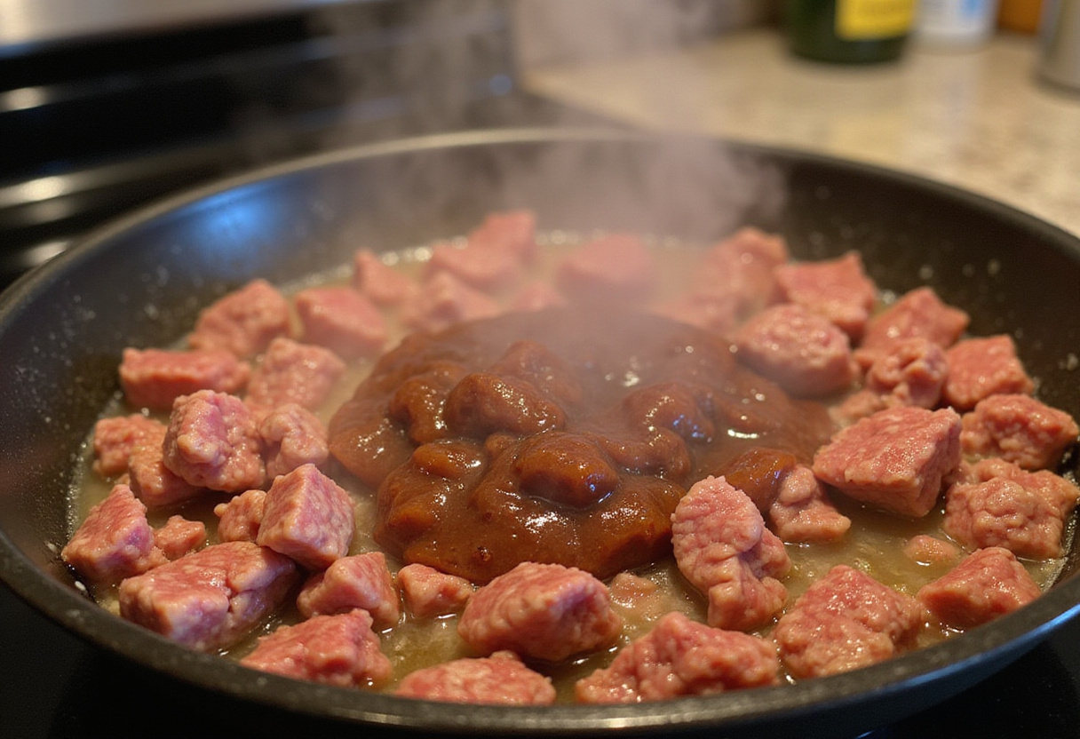 Ground beef simmering with Worcestershire sauce on a stovetop.