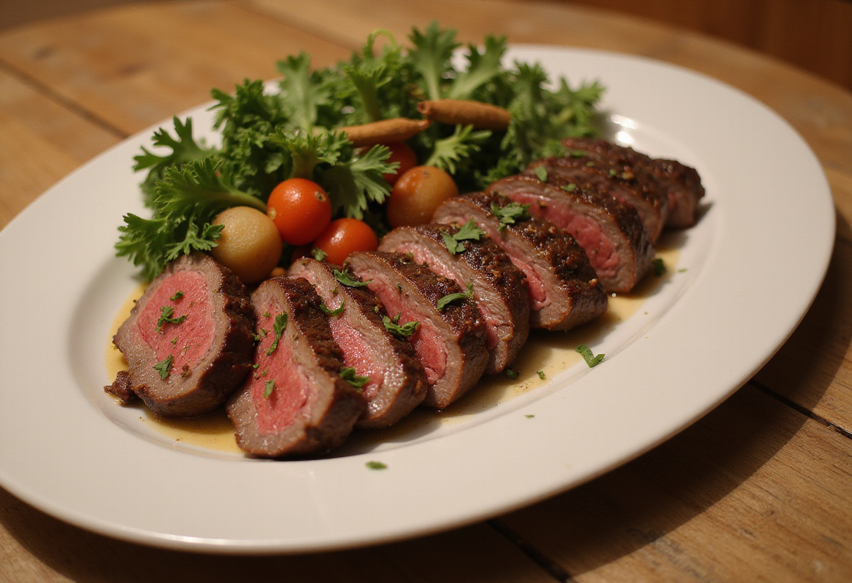 Juicy sliced beef striploin steak with herb garnish ready to serve.