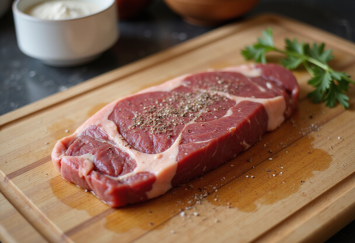 Raw beef striploin steak seasoned for a juicy steak recipe.
