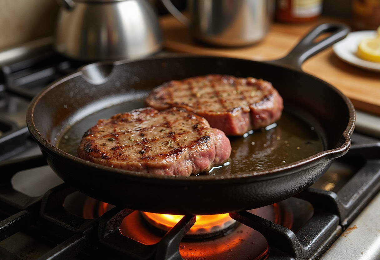 Cast iron skillet heating oil for searing a beef striploin steak.