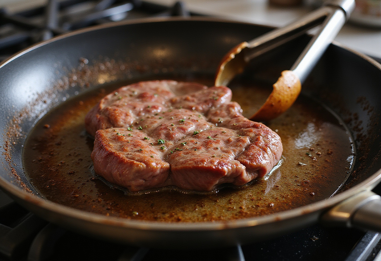 Beef striploin steak searing in a hot skillet for a juicy steak recipe.