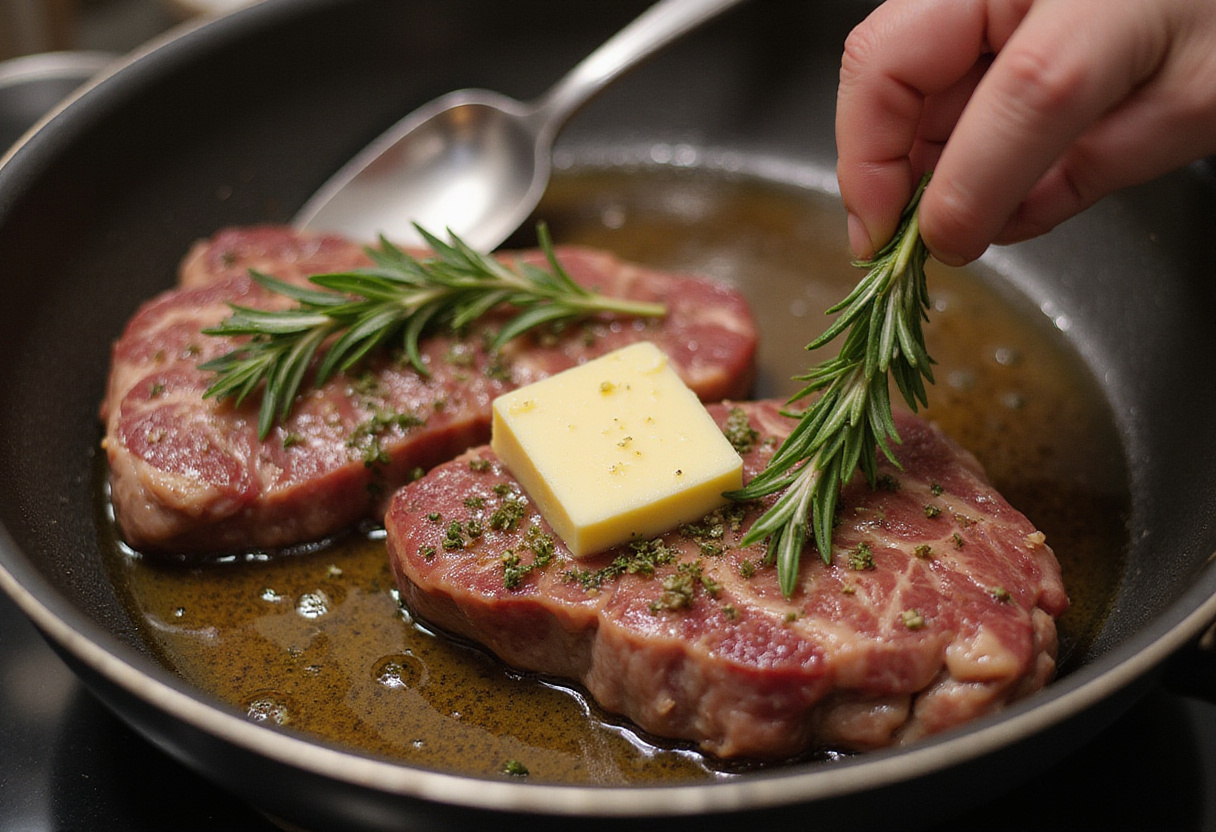 Butter and herbs being added to skillet with steak for basting juicy beef striploin.