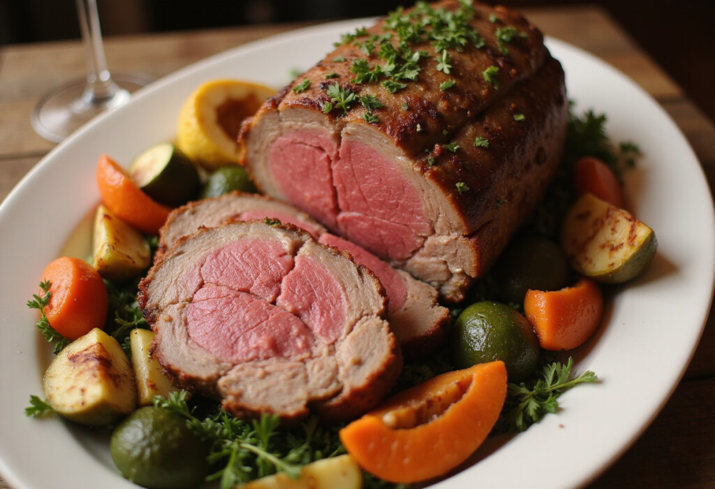 Delicious, juicy sliced bottom round roast with roasted vegetables.