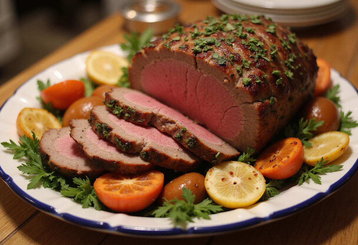 Delicious, juicy sliced bottom round roast with roasted vegetables.