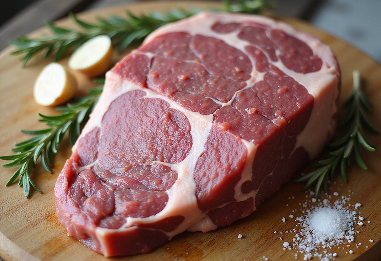 Raw bottom round roast with herbs and garlic for a juicy roast beef recipe.