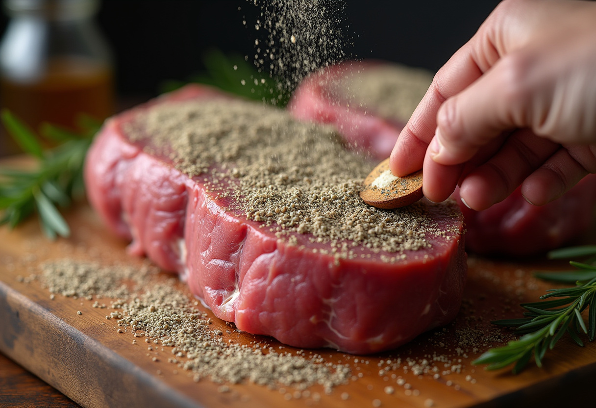 Seasoning a bottom round roast with herbs and spices for enhanced flavor.