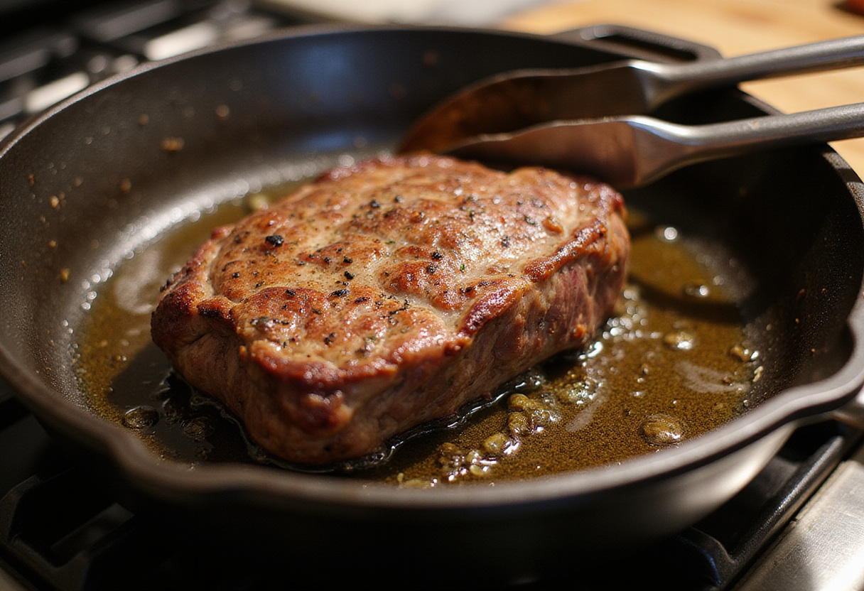 Searing a bottom round roast in a cast iron skillet to create a flavorful crust.