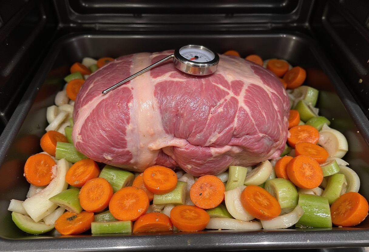 Bottom round roast with vegetables in a roasting pan ready for oven roasting.
