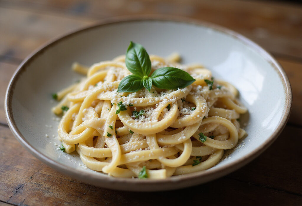 Delicious Juicy Boursin Cheese Pasta Recipe served with basil and parmesan.