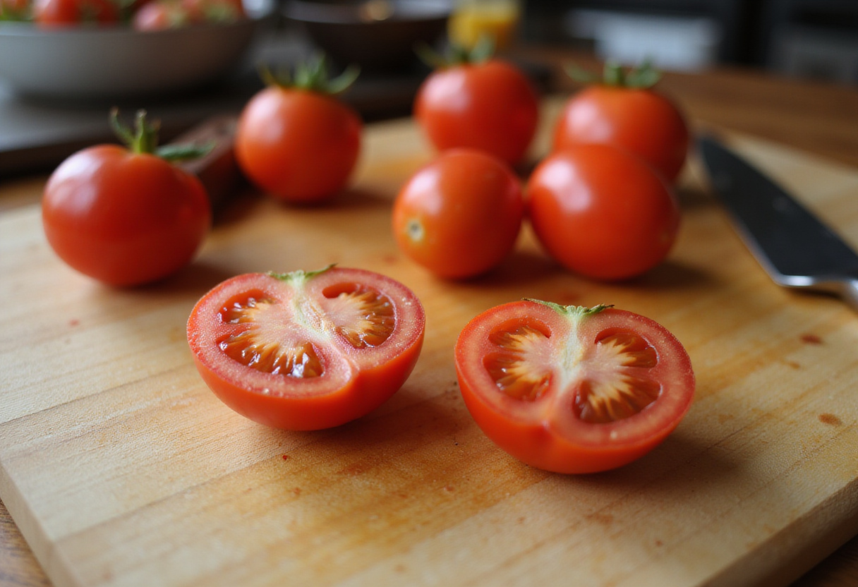 Cherry tomatoes being cut for Juicy Boursin Cheese Pasta Recipe.