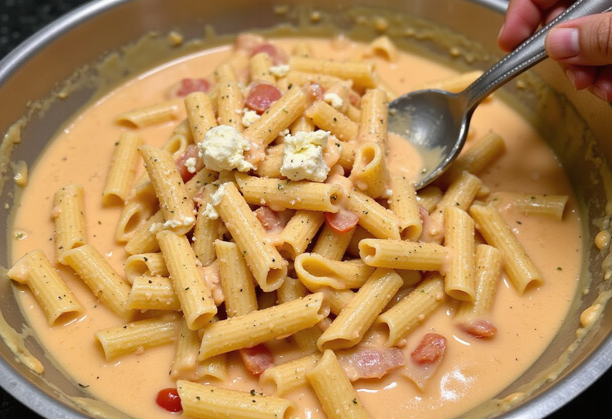 Pasta being mixed with Boursin cheese sauce for Juicy Boursin Cheese Pasta Recipe.