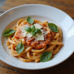 Plated Juicy Boursin Pasta garnished with basil and parmesan.