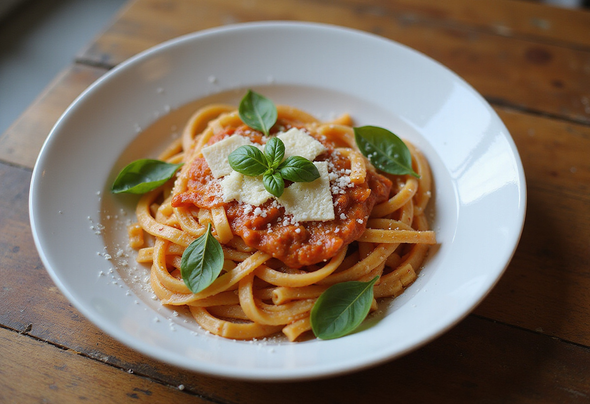 Plated Juicy Boursin Pasta garnished with basil and parmesan.