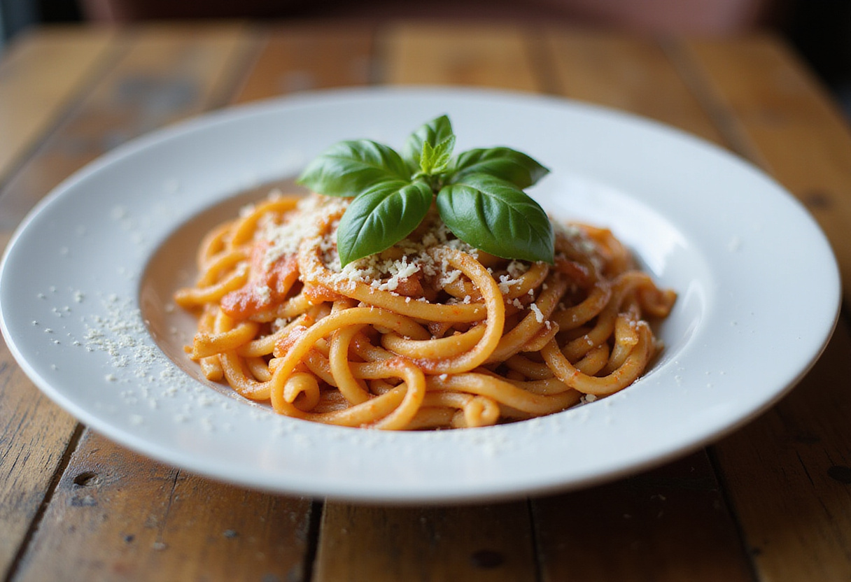 Plated Juicy Boursin Pasta garnished with basil and parmesan.