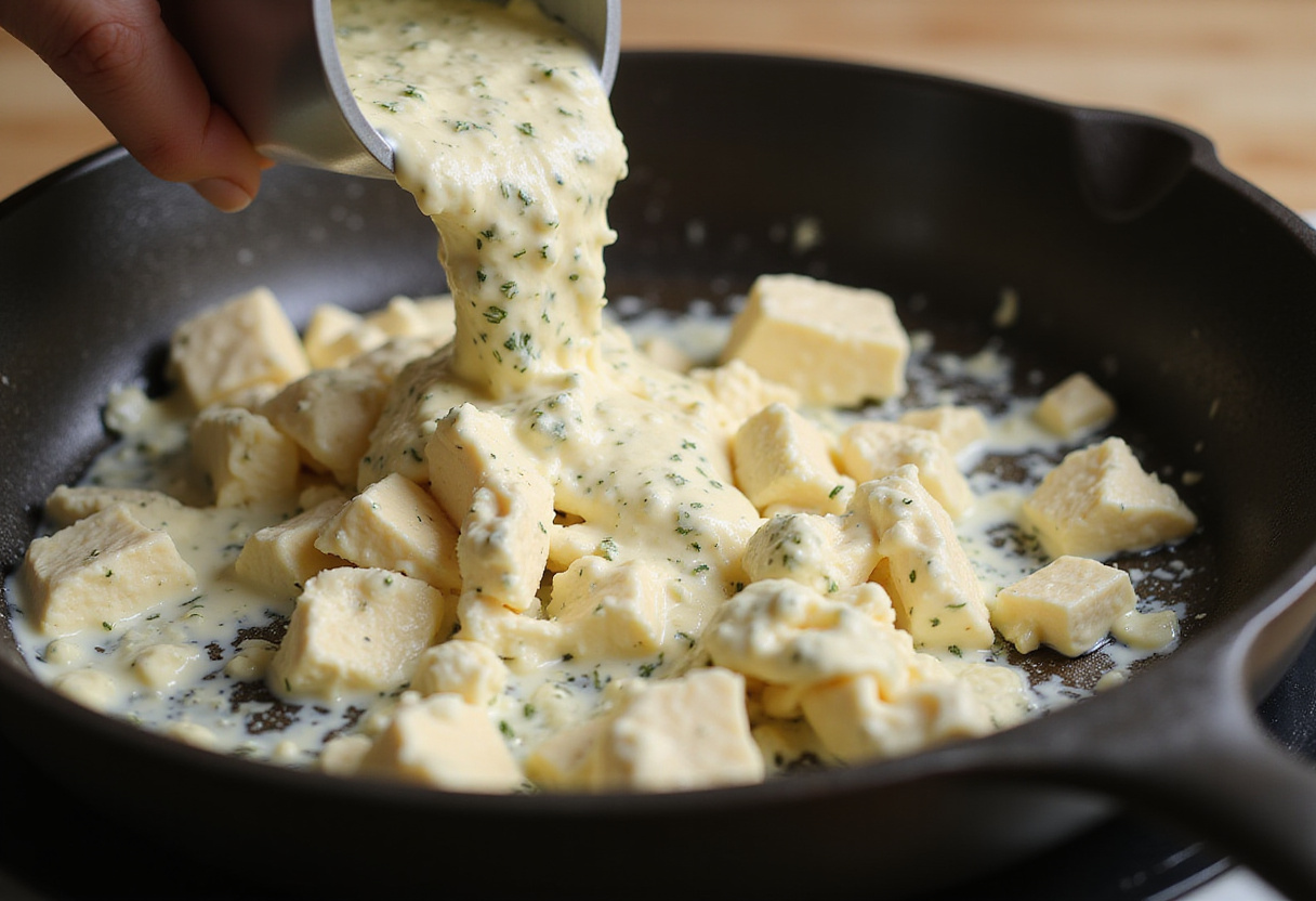Boursin cheese being crumbled into a pan for Boursin Pasta Sauce.