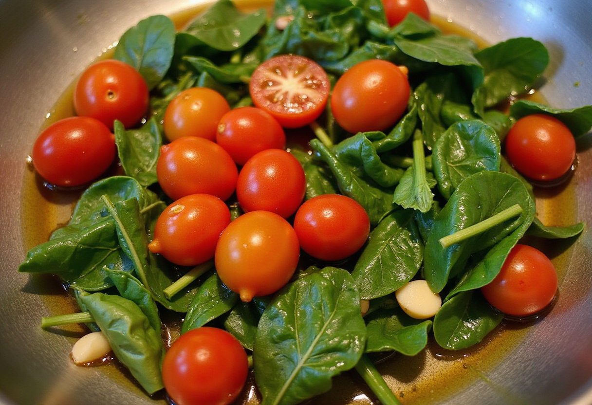 Sautéing cherry tomatoes and spinach for Juicy Boursin Pasta recipe.