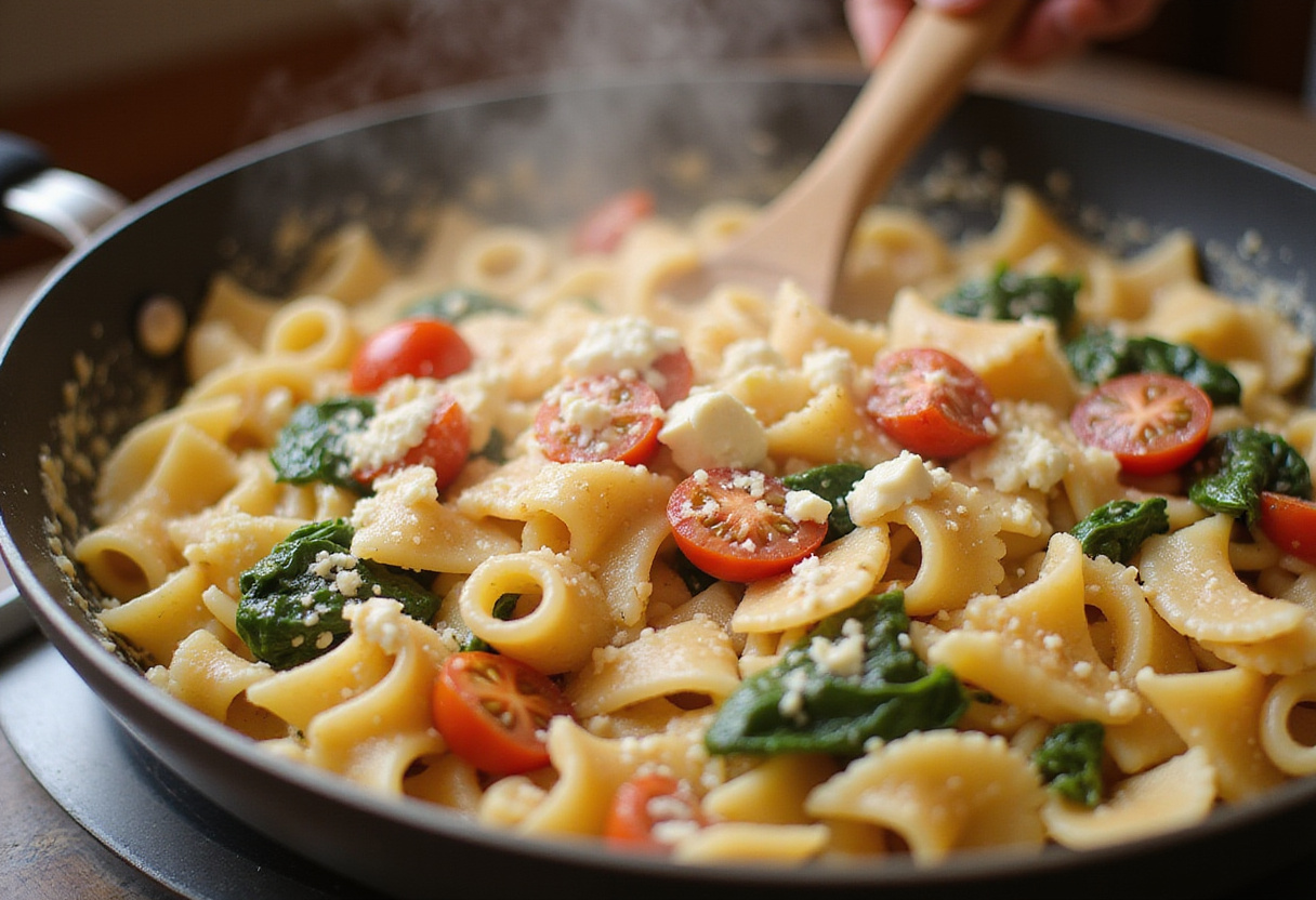 Pasta being mixed with Boursin cheese sauce, tomatoes and spinach for Juicy Boursin Pasta