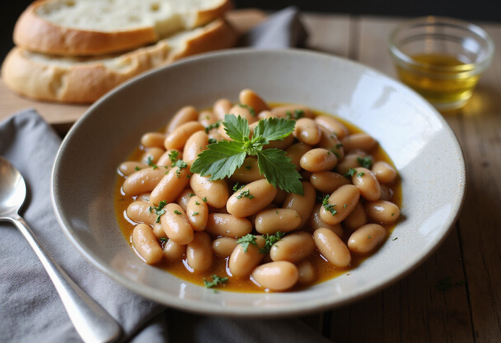 Finished Juicy Butter Beans served with parsley and crusty bread, a delicious and healthy dish.