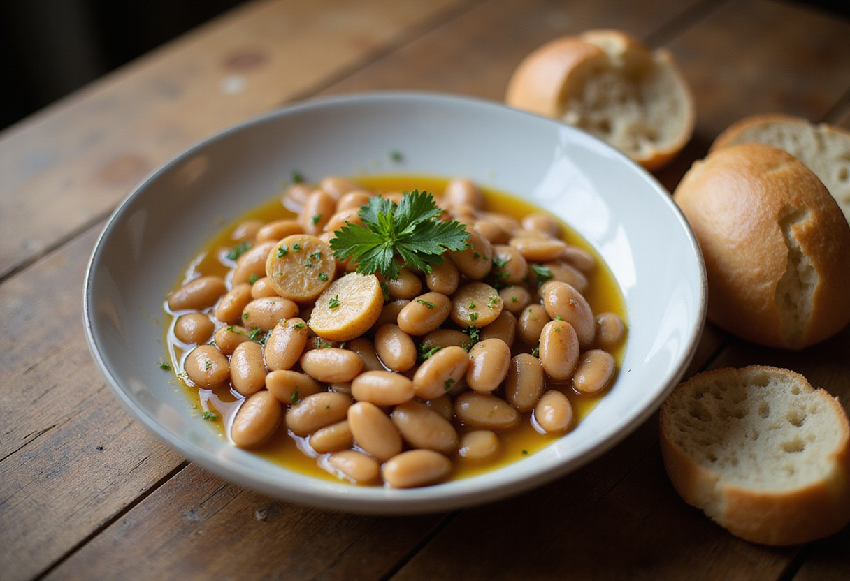 Finished Juicy Butter Beans served with parsley and crusty bread, a delicious and healthy dish.