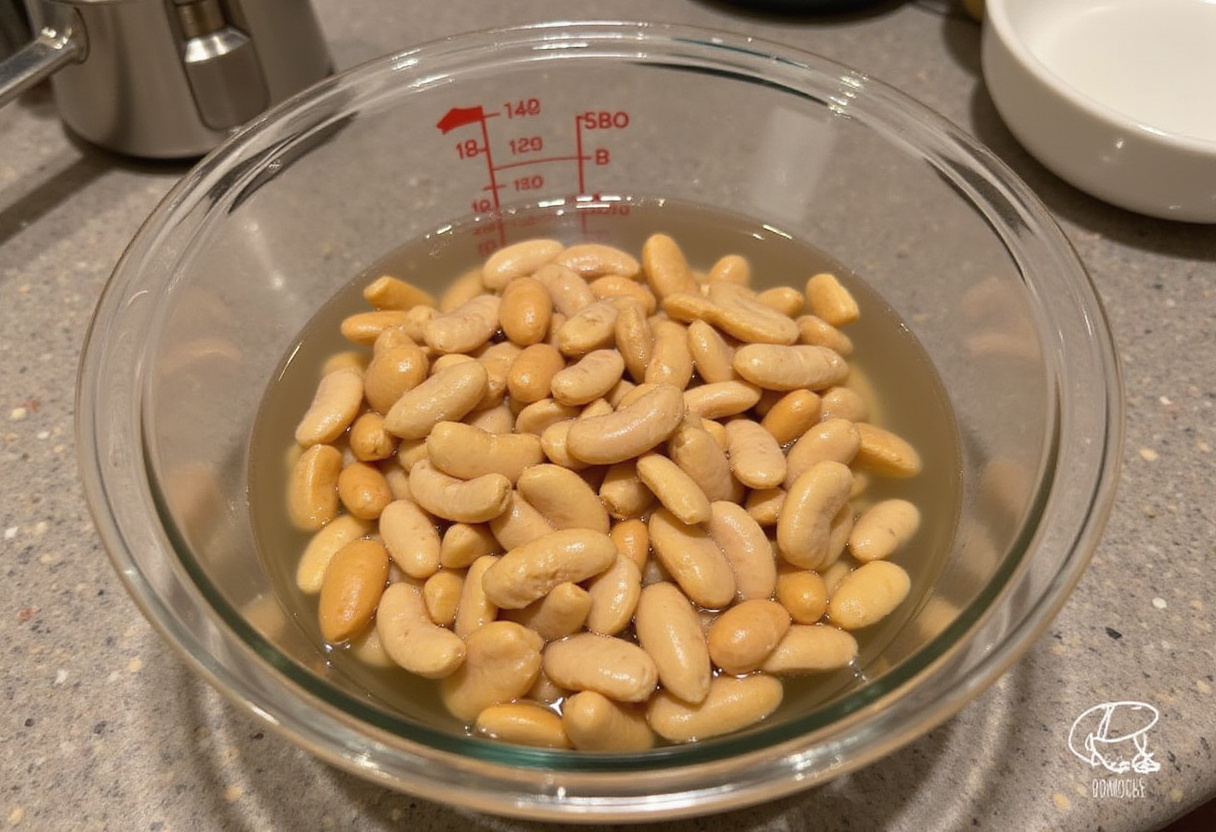 Dried butter beans soaking in water, preparing for a juicy Butter Beans recipe.